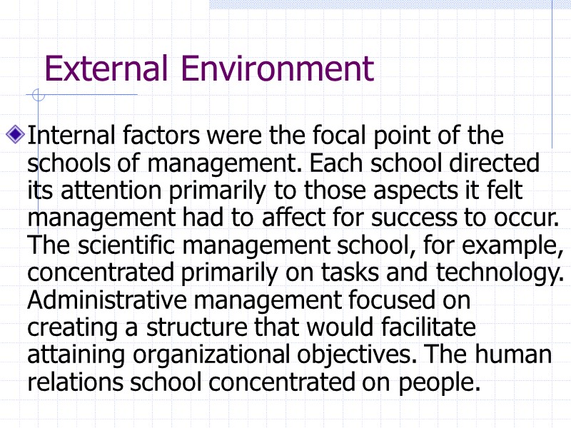 External Environment Internal factors were the focal point of the schools of management. Each